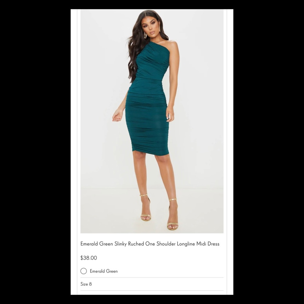 PrettyLittleThing Emerald Green One Shoulder Midi Dress. Size 8
